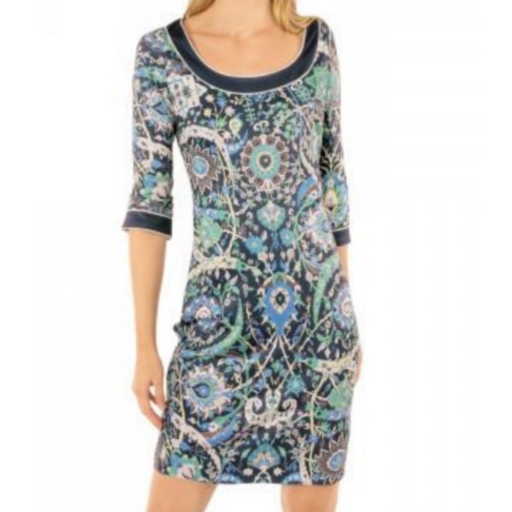 Gretchen Scott Magic Carpet Dress Small Neutral 3/4 Sleeves Scoop Neck Floral